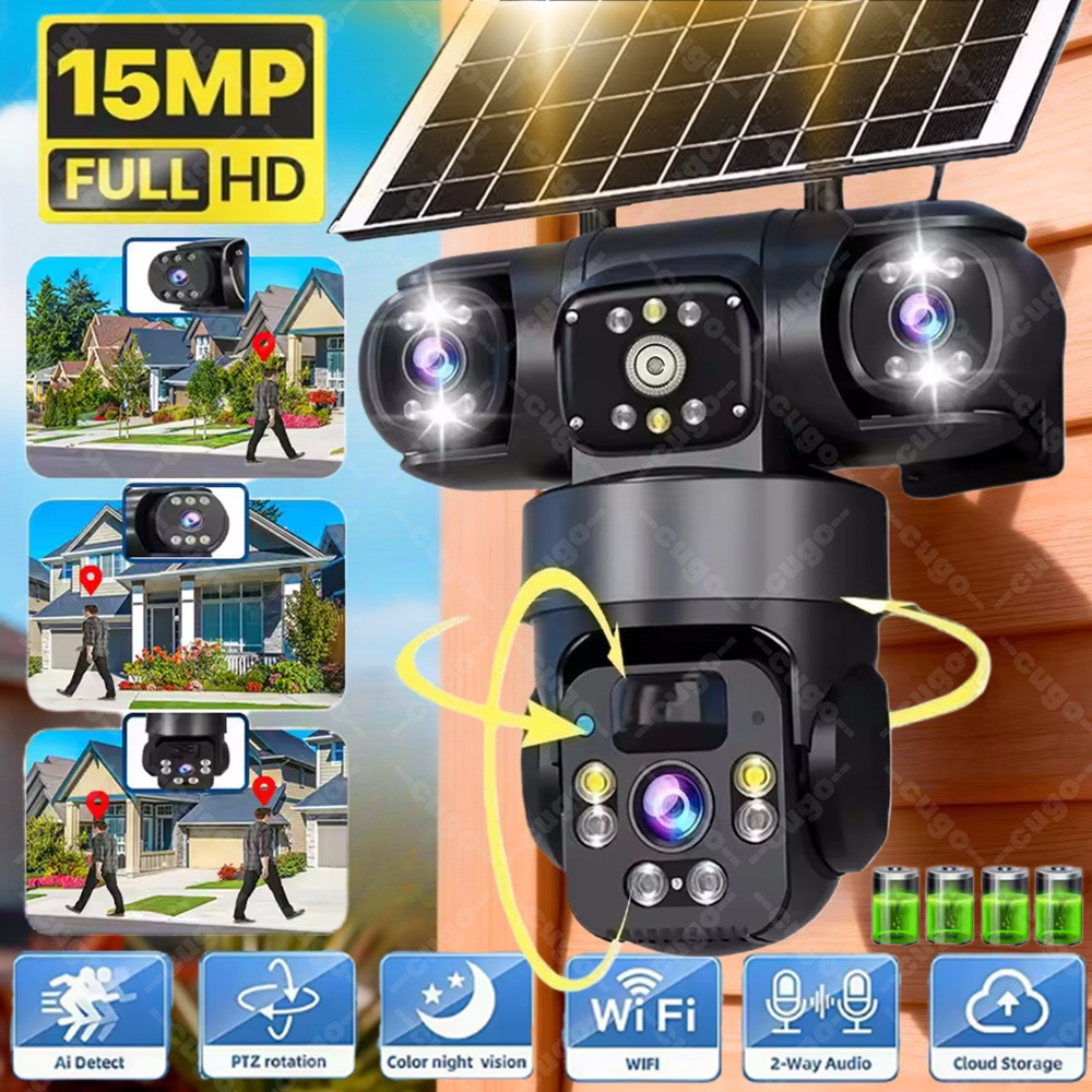 Home Cinema Outdoor - Kamera V380 3-ekranowa 3-obiektywowa WIFI Solarna