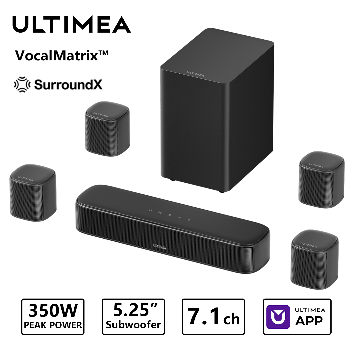 Home Cinema With Wireless Rear Speakers - ULTIMEA 350W 7.1-kanałowy Virtual Surround Soundbar,